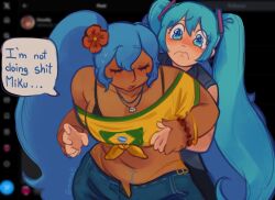 2girls aqua_hair bikini bikini_under_clothes blue_eyes blue_hair blush brazilian_flag brazilian_flag_print brazilian_miku closed_eyes collared_shirt dark-skinned_female dark_skin english_text flower grey_shirt hair_flower hair_ornament hatsune_miku highres jewelry long_hair multiple_girls navel necklace off-shoulder_shirt off_shoulder open_mouth print_shirt red_flower rerensai11 shirt short_sleeves signature sleeveless sleeveless_shirt speech_bubble sweatdrop swimsuit tied_shirt twintails upper_body very_long_hair vocaloid yellow_shirt