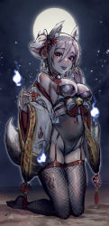 Rule 34 | 1girl, absurdres, animal ear fluff, animal ears, aroddst4, bad id, bad pixiv id, bare shoulders, blush, breasts, detached collar, fishnet thighhighs, fishnets, flower knot, fox ears, fox girl, fox mask, fox tail, full body, full moon, garter straps, hair between eyes, hair ornament, highres, idolmaster, idolmaster cinderella girls, japanese clothes, kimono, kneeling, long sleeves, looking at viewer, mask, medium breasts, moon, moonlight, night, night sky, off shoulder, shiomi syuko, short hair, sky, smile, solo, star (sky), starry sky, tail, thighhighs, tongue, tongue out, wide sleeves