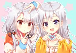 Rule 34 | 2girls, :d, blouse, blue eyes, braid, braided bangs, brown eyes, casual, collarbone, double v, earrings, frills, hair ribbon, heart, heart hands, highres, hisakawa hayate, hisakawa nagi, hood, hoodie, idolmaster, idolmaster cinderella girls, idolmaster cinderella girls starlight stage, jewelry, low twintails, mugi (user khzh5853), multiple girls, necklace, open mouth, ribbon, shirt, siblings, silver hair, sisters, smile, twins, twintails, upper body, v
