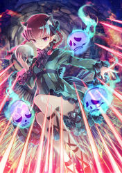 Rule 34 | 1girl, animal ears, ankle lace-up, blue fire, braid, cat ears, cat tail, cross-laced footwear, dress, extra ears, fire, flaming skull, floating skull, green dress, juliet sleeves, kaenbyou rin, long sleeves, miyuki ruria, multiple tails, nekomata, puffy sleeves, red eyes, red hair, skull, solo, tail, touhou, twin braids, two tails