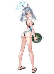 Rule 34 | 1girl, absurdres, animal ear fluff, animal ears, ass, black one-piece swimsuit, blue archive, blue eyes, breasts, butt crack, competition swimsuit, covered navel, cross hair ornament, extra ears, feet, food, from behind, fruit, full body, grey hair, hair ornament, halo, highres, legs, looking at viewer, looking back, low ponytail, medium breasts, medium hair, mismatched pupils, multicolored clothes, multicolored swimsuit, one-piece swimsuit, pine (angel4195202), sandals, shiroko (blue archive), shiroko (swimsuit) (blue archive), simple background, solo, standing, swimsuit, toes, watermelon, white background, wolf ears