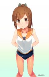 Rule 34 | 10s, 1girl, arms behind back, bare legs, bare shoulders, brown eyes, brown hair, collarbone, hair ornament, high ponytail, i-401 (kancolle), kantai collection, looking at viewer, sailor collar, school swimsuit, senbei (senbe i), smile, solo, swimsuit, swimsuit under clothes, twitter username