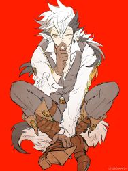 Rule 34 | 1boy, bad id, bad twitter id, european clothes, fire emblem, fire emblem fates, gloves, highres, jacket, keaton (fire emblem), looking at viewer, male focus, multicolored hair, nintendo, red background, simple background, sitting, solo, torisudesu, two-tone hair, yellow eyes