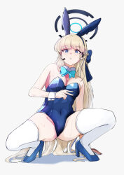 Rule 34 | 1girl, absurdres, animal ears, blonde hair, blue archive, blue bow, blue bowtie, blue eyes, blue footwear, blue hair, blue halo, blue leotard, blush, bow, bowtie, braid, breasts, commentary, covered navel, detached collar, earpiece, earrings, fake animal ears, french braid, full body, halo, high heels, highres, jewelry, leotard, long hair, looking at viewer, medium breasts, multicolored hair, official alternate costume, osunu, playboy bunny, rabbit ears, simple background, solo, spread legs, squatting, strapless, strapless leotard, streaked hair, stud earrings, sweat, thighhighs, toki (blue archive), toki (bunny) (blue archive), v, very long hair, white background, white thighhighs, wrist cuffs