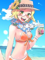 Rule 34 | 1girl, alternate costume, beach, bianca (pokemon), blonde hair, blue sky, blush, breasts, cloud, creatures (company), cup, disposable cup, flower, flower necklace, game freak, gen 3 pokemon, glasses, green eyes, hat, highres, holding hands, jewelry, lei, looking at viewer, luvdisc, medium breasts, nashubi (to infinity wow), navel, necklace, nintendo, open mouth, pokemon, pokemon bw2, sand, sarong, sky, smile, solo, wristband
