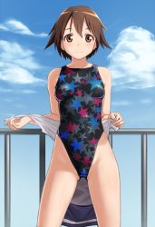 Rule 34 | 1girl, brown eyes, brown hair, commission, competition swimsuit, cowboy shot, day, highleg, highleg swimsuit, miyafuji yoshika, one-piece swimsuit, print swimsuit, short hair, solo, star (symbol), star print, strike witches, swimsuit, tkln, undressing, world witches series