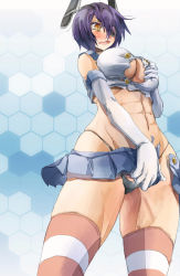 Rule 34 | 1girl, abs, black panties, blue background, blue hair, blush, breasts, cosplay, crop top, elbow gloves, embarrassed, eyepatch, female focus, gloves, gradient background, hair ornament, highleg, highleg panties, honeycomb (pattern), honeycomb background, honeycomb pattern, kantai collection, large breasts, microskirt, navel, open mouth, panties, shimakaze (kancolle), shimakaze (kancolle) (cosplay), shirt, short hair, skirt, solo, striped clothes, striped thighhighs, tenryuu (kancolle), thighhighs, torn clothes, torn shirt, undersized clothes, underwear, wavy mouth, white gloves, yellow eyes, yohane