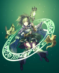 Rule 34 | 1girl, boots, cape, creature, dress, duel monster, floating, floating hair, full body, glowing staff, green background, green eyes, green hair, hair between eyes, highres, holding, holding staff, knee boots, layered clothes, layered dress, light blush, long hair, magic circle, petit dragon, pom pom (clothes), ponytail, ribbon, shouma (bravespiritya), sleeves past wrists, staff, thigh strap, wings, wynn (yu-gi-oh!), wynn the wind channeler, wynn the wind charmer, yu-gi-oh!