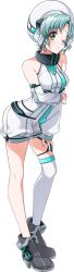 Rule 34 | 1girl, aqua hair, bare shoulders, boots, contrapposto, d4dj, detached sleeves, full body, green eyes, grey footwear, hanamaki towa, hand on own arm, hand on own thigh, hat, headset, high heel boots, high heels, highres, jumpsuit, leaning forward, long sleeves, looking at viewer, official art, one eye closed, over-kneehighs, puckered lips, puffy long sleeves, puffy sleeves, short hair, short jumpsuit, simple background, single over-kneehigh, single thighhigh, sleeveless, sleeveless jumpsuit, socks, solo, standing, thigh strap, thighhighs, tight clothes, transparent background, white hat, white jumpsuit, white sleeves, white socks