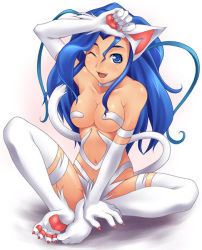 Rule 34 | 1girl, animal ears, animal hands, blue eyes, blue hair, breasts, capcom, cat ears, cat tail, cleavage, felicia (vampire), matching hair/eyes, natsuka izumi, one eye closed, sitting, smile, solo, tail, vampire (game), wink