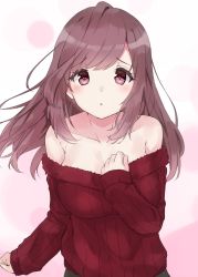 Rule 34 | 1girl, :o, bare shoulders, blush, breasts, brown hair, cleavage, collarbone, cowboy shot, hand on own chest, hand up, highres, idolmaster, idolmaster shiny colors, large breasts, long hair, long sleeves, looking at viewer, minikon, off-shoulder, off-shoulder sweater, off shoulder, parted bangs, parted lips, pink background, red sweater, simple background, sleeves past wrists, solo, sweater, tareme, tsukioka kogane