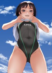 Rule 34 | 1girl, black hair, black one-piece swimsuit, blue sky, borrowed design, breasts, brown eyes, clothes lift, clothes writing, cloud, competition swimsuit, cowboy shot, flat chest, from below, highres, lifted by self, looking at viewer, mu-pyon, multicolored clothes, multicolored swimsuit, one-piece swimsuit, original, shirt lift, short hair, sky, small breasts, smile, solo, swimsuit, upshirt