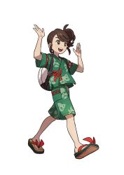 Rule 34 | 1girl, absurdres, arms up, artist request, asymmetrical hair, backpack, bag, blush, brown eyes, brown hair, creatures (company), cross-laced clothes, female focus, flat chest, full body, game freak, green shirt, green shorts, happy, highres, juliana (pokemon), light blush, matching hair/eyes, multicolored footwear, nintendo, official art, open mouth, outline, pocket, pokemon, pokemon sv, print shirt, print shorts, sandals, shirt, short hair, short sleeves, shorts, side slit, sidelocks, simple background, smile, solo, standing, swept bangs, teeth, transparent background, walking, white outline