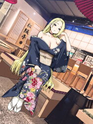 Rule 34 | 1girl, arm up, bare shoulders, blonde hair, blue eyes, blue kimono, breasts, cleavage, closed mouth, commentary request, dutch angle, fang, hair behind ear, highres, indoors, japanese clothes, joshi kousei rich thots, kimono, large breasts, long hair, looking at viewer, nail polish, oil-paper umbrella, original, rena (sky-freedom), sitting, skin fang, sky-freedom, slippers, socks, solo, translation request, umbrella, white socks, wide sleeves