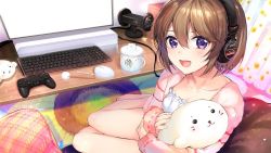 Rule 34 | 1girl, :d, barefoot, bean bag chair, brown hair, computer, controller, cup, curtains, full body, game controller, hair between eyes, headphones, holding, holding stuffed toy, indoors, computer keyboard, looking at viewer, mimikaki, mochiko (mochiko3121), monitor, computer mouse, mug, open mouth, original, pillow, purple eyes, short hair, sitting, smile, solo, speaker, stuffed animal, stuffed seal, stuffed toy