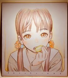 Rule 34 | 1girl, border, brown eyes, brown hair, colored pencil (medium), eating, english text, flower, food, hair flower, hair ornament, hair over shoulder, hand up, holding, holding food, long hair, long sleeves, looking at viewer, low twintails, macaron, murata range, open mouth, orange eyes, orange flower, original, photo (medium), portrait, sailor collar, school uniform, shikishi, shirt, simple background, solo, traditional media, twintails, upper body, white background
