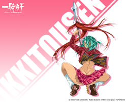 Rule 34 | 00s, 1girl, ass, back, butt crack, clothes lift, earrings, female focus, from behind, green eyes, green hair, ikkitousen, ikkitousen great guardians, jewelry, kneehighs, looking back, loose socks, magatama, matching hair/eyes, no panties, official art, official wallpaper, plaid, plaid skirt, pleated skirt, polearm, profile, ribbon, ryofu housen, scan, school uniform, shadow, shiozaki yuji, shirt lift, shoes, skirt, socks, solo, spear, spread legs, squatting, tan, tiptoes, twintails, wallpaper, weapon, white socks, wide hips, wind, wind lift
