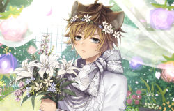 Rule 34 | 1boy, animal ears, blue eyes, blush, brown hair, closed mouth, day, falling petals, flower, flower wreath, highres, holding, holding flower, lily (flower), looking at viewer, makeup, male focus, official alternate costume, outdoors, petals, ruggie bucchi, scarf, shirt, short hair, solo, twisted wonderland, upper body, white scarf, white shirt, yamaneko514