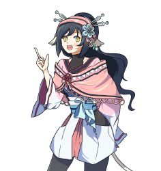 Rule 34 | 1girl, 8t if, absurdly long hair, ainu clothes, animal ears, aquaplus, arm up, black hair, blush, breasts, bright pupils, cat tail, collarbone, covered collarbone, dress, hair between eyes, hair ornament, hairband, high ponytail, highres, hip vent, kuon (utawarerumono), kuon apprentice, layered dress, long hair, long sleeves, medium breasts, off shoulder, open mouth, pantyhose, ponytail, raised eyebrows, sash, sidelocks, skirt, sleeveless, solo, tail, teeth, tongue, utawarerumono, utawarerumono: itsuwari no kamen, utawarerumono: lost flag, very long hair, wavy hair, white pupils, white tail, wide sleeves, yellow eyes