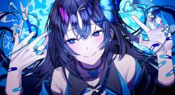 Rule 34 | 1girl, aoi nabi, bandaid, black collar, blue butterfly, blue eyes, blue hair, blue nails, blush, braid, bug, butterfly, closed mouth, collar, earrings, ggatip, hair between eyes, hair ornament, hairpin, highres, indie virtual youtuber, insect, jewelry, long hair, nail polish, neck ribbon, official art, ribbon, scissors, solo, virtual youtuber, white ribbon, x hair ornament
