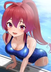 Rule 34 | 1girl, ahoge, blush, breasts, cleavage, day, dorachan r, hair ornament, hair ribbon, highres, i-168 (kancolle), kantai collection, long hair, looking at viewer, one-piece swimsuit, open mouth, partially submerged, ponytail, poolside, red eyes, red hair, ribbon, school swimsuit, small breasts, smile, solo, swimsuit, water, wet