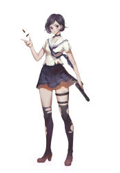 Rule 34 | 1girl, arm at side, arm up, black thighhighs, blouse, blue necktie, blue skirt, breasts, brown footwear, choker, closed mouth, commentary request, full body, ginxiee, gun, handgun, high heels, highres, holding, holding weapon, necktie, original, outstretched hand, over-kneehighs, pleated skirt, purple eyes, purple hair, sailor collar, school uniform, serafuku, shell casing, shirt, shoes, short hair, short sleeves, simple background, skirt, small breasts, solo, thigh strap, thighhighs, torn clothes, torn legwear, torn necktie, torn skirt, weapon, white background, white sailor collar, white shirt