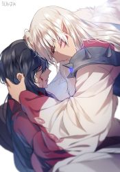 Rule 34 | 2boys, alternate form, blood, blood on face, brothers, closed eyes, facial mark, forehead-to-forehead, heads together, inuyasha, inuyasha (character), inuyasha (human), long hair, male focus, multiple boys, pointy ears, sesshoumaru, siblings, sukja, unconscious, white background, white hair, yellow eyes