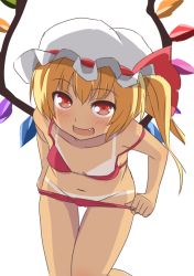 Rule 34 | 1girl, bare shoulders, bikini, bikini pull, bikini tan, blonde hair, blush, clothes pull, fang, female focus, flandre scarlet, groin, hat, leaning forward, naughty face, navel, pulled by self, red bikini, red eyes, shimouki izui, short hair, side ponytail, simple background, smile, solo, strap slip, swimsuit, tan, tanline, touhou, undressing, white background, wings