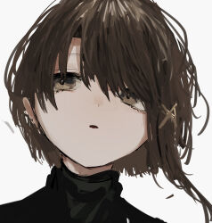 Rule 34 | 1girl, black jacket, brown eyes, brown hair, close-up, expressionless, hair ornament, highres, iwakura lain, jacket, looking to the side, messy hair, pikuson, serial experiments lain, short hair, simple background, sketch, solo, white background, x hair ornament