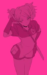 Rule 34 | 1girl, :o, :|, bad id, bad pixiv id, between breasts, bodysuit, breasts, closed mouth, cowboy shot, emblem, from above, gloves, hand on own hip, hand up, holding, holding sword, holding weapon, jitome, kuroe futaba, pink background, pink theme, pocket, puffy short sleeves, puffy sleeves, scabbard, sheath, short sleeves, simple background, solo, strap between breasts, sword, to no e, twintails, weapon, white background, world trigger