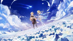 Rule 34 | 1boy, 1girl, aether (genshin impact), ahoge, bare shoulders, blonde hair, braid, brother and sister, cloud, cloudy sky, detached sleeves, dress, earrings, field, flower, flower field, genshin impact, hair flower, hair ornament, highres, jewelry, lumine (genshin impact), official art, scarf, shooting star, short hair with long locks, short sleeves, siblings, single braid, single earring, sky, white dress, white legwear, white scarf, yellow eyes