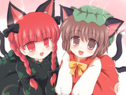 Rule 34 | 2girls, animal ears, bow, braid, brown eyes, brown hair, cat ears, cat girl, cat tail, chen, earrings, fang, female focus, hair ribbon, hat, jewelry, kaenbyou rin, multiple girls, multiple tails, red eyes, red hair, ribbon, ry (yagoyago), short hair, tail, touhou, twin braids, twintails
