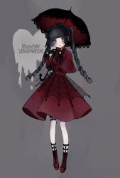Rule 34 | 1girl, black hair, blunt bangs, blush, boots, bow, bowtie, brooch, capelet, character request, copyright name, curly hair, dress, frilled sleeves, frills, gloves, grey eyes, hairband, higeki no heroine syndrome, holding, holding umbrella, jewelry, lace-trimmed umbrella, layered dress, lipstick, lolita hairband, long hair, makeup, mameyanagi, real life, smile, solo, spider web print, thigh strap, twintails, umbrella, very long hair