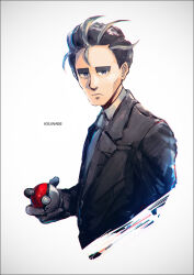 Rule 34 | 1boy, artist name, black hair, black jacket, closed mouth, collared shirt, commentary request, creatures (company), frown, game freak, glitch, gloves, holding, holding poke ball, jacket, k-suwabe, larry (pokemon), long sleeves, looking at viewer, male focus, necktie, nintendo, poke ball, poke ball (basic), pokemon, pokemon sv, shirt, short hair, solo, upper body, white background