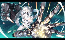Rule 34 | 10s, 1girl, absurdly long hair, abyssal ship, bikini, black bikini, blue eyes, braid, clenched hand, clenched teeth, colored skin, commentary request, gauntlets, glasses, headphones, ido (teketeke), kantai collection, letterboxed, long hair, looking at viewer, power fist, single braid, solo, supply depot princess, swimsuit, teeth, the big o, very long hair, white hair, white skin