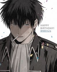 Rule 34 | 1boy, absurdres, black hair, black jacket, blue eyes, cigarette, collared jacket, commentary request, dated, gintama, hair between eyes, happy birthday, hidaka (hdka092), highres, hijikata toushirou, jacket, looking at viewer, male focus, mouth hold, open clothes, open jacket, parted lips, simple background, solo, upper body, v-shaped eyebrows, white background