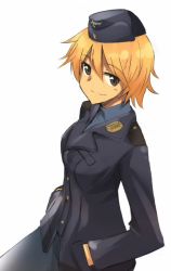 Rule 34 | 10s, 1girl, black pantyhose, blonde hair, brave witches, brown eyes, garrison cap, hands in pockets, hat, looking at viewer, military, military uniform, pantyhose, sandwich (artist), short hair, simple background, smile, solo, strike witches, tsuchii (ramakifrau), uniform, waltrud krupinski, world witches series