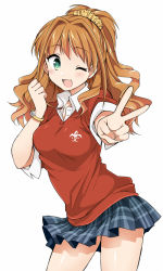 Rule 34 | 10s, 1girl, ;3, ;d, brown hair, green eyes, hino akane (idolmaster), idolmaster, idolmaster cinderella girls, long hair, one eye closed, open mouth, plaid, plaid skirt, pleated skirt, polo shirt, ponytail, school uniform, scrunchie, simple background, skirt, sleeves rolled up, smile, solo, tsukudani norio, v, watch, white background, wink, wristwatch
