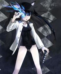Rule 34 | 1girl, animal ears, black hair, black one-piece swimsuit, black rock shooter, black rock shooter (character), black rock shooter (cosplay), blue eyes, cat ears, cosplay, eyepatch, glowing, glowing eye, glowing eyes, katahira masashi, no pants, one-piece swimsuit, open clothes, open shirt, parody, sakamoto mio, school swimsuit, shirt, solo, strike witches, swimsuit, swimsuit under clothes, sword, vocaloid, weapon, world witches series