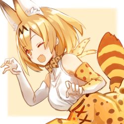 Rule 34 | 10s, 1girl, ;d, animal ears, animal print, bare shoulders, blonde hair, bow, bowtie, breasts, claw pose, elbow gloves, fang, gloves, kemono friends, looking at viewer, medium breasts, one eye closed, open mouth, serval (kemono friends), serval print, serval tail, smile, solo, striped tail, tail, upper body, yellow eyes, yuzuki karu