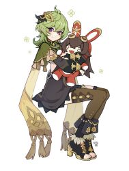 Rule 34 | 1girl, absurdres, ahoge, artist name, baron bunny (genshin impact), black dress, brown thighhighs, cape, clothing cutout, collei (genshin impact), crossed bangs, dress, full-body tattoo, fur-trimmed footwear, fur trim, genshin impact, green cape, green hair, hair between eyes, high heels, highres, holding, hugging object, invisible chair, medium hair, netapai1, purple eyes, short dress, sitting, smile, solo, split mouth, stuffed toy, tassel, tattoo, thighhighs, toeless footwear, two-handed