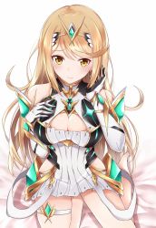 Rule 34 | 1girl, armor, blonde hair, blush, breasts, cleavage, cleavage cutout, clothing cutout, commentary, dress, elbow gloves, gem, gloves, hair ornament, headpiece, highres, jewelry, large breasts, long hair, looking at viewer, mythra (xenoblade), nintendo, shoulder armor, shy, sitting, solo, swept bangs, take (s-wab), very long hair, white dress, xenoblade chronicles (series), xenoblade chronicles 2, yellow eyes