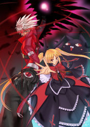 Rule 34 | 1boy, 1girl, arc system works, belt, black feathers, black pants, black wings, blazblue, blonde hair, bow, cat, chu31004, chuex, coat, couple, dress, feathers, frills, gloves, glowing, glowing eye, gothic lolita, green eyes, hair ribbon, heterochromia, lolita fashion, long hair, nago, pants, rachel alucard, ragna the bloodedge, red eyes, ribbon, short hair, silver hair, single wing, sword, trench coat, twintails, very long hair, weapon, wings