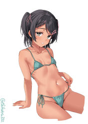 Rule 34 | 1girl, aqua bikini, bikini, black hair, blue bikini, breasts, brown eyes, collarbone, commentary, cropped legs, dark-skinned female, dark skin, ebifurya, groin, hair ornament, highres, kantai collection, looking at viewer, mole, mole under eye, multicolored hair, navel, one-hour drawing challenge, open mouth, parted lips, pink hair, scirocco (kancolle), short hair, side-tie bikini bottom, simple background, small breasts, solo, stomach, streaked hair, string bikini, swimsuit, tan, twitter username, two side up, white background