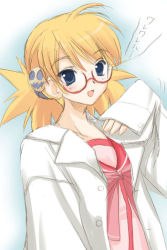 Rule 34 | 00s, bespectacled, blonde hair, blue eyes, blush, glasses, oversized clothes, sasamori karin, shirt, solo, to heart (series), to heart 2