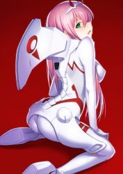 Rule 34 | 10s, 1girl, blush, bodysuit, breasts, covered erect nipples, darling in the franxx, fang, green eyes, kazuma muramasa, kneeling, long hair, looking at viewer, looking back, medium breasts, open mouth, pink hair, red background, sidelocks, simple background, solo, white bodysuit, zero two (darling in the franxx)