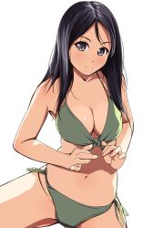 Rule 34 | 1girl, bare arms, bare shoulders, bikini, bikini pull, black hair, blue eyes, breasts, cleavage, closed mouth, clothes pull, collarbone, contrapposto, cowboy shot, front-tie bikini top, front-tie top, green bikini, green ribbon, highres, large breasts, looking at viewer, matsunaga kouyou, multicolored hair, navel, original, pulling own clothes, ribbon, side-tie bikini bottom, smile, solo, spread legs, standing, stomach, swimsuit, white hair