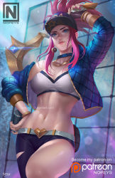 Rule 34 | 1girl, akali, bare shoulders, baseball cap, belt, blue eyes, blue jacket, bracelet, breasts, choker, cleavage, collar, crop top, earrings, fingerless gloves, gloves, hand on own hip, hat, holding, holding weapon, idol, jacket, jewelry, k/da (league of legends), k/da akali, league of legends, long hair, looking at viewer, microphone, midriff, nail polish, navel, nopeys, off shoulder, pink hair, ponytail, solo, spray can, tile floor, tiles, toned, weapon