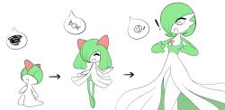 Rule 34 | !, 1girl, age progression, breasts, candy, closed eyes, creatures (company), food, full body, game freak, gardevoir, gen 3 pokemon, green hair, hair over eyes, hair over one eye, hand up, hands up, highres, kirlia, looking down, multiple views, nintendo, open mouth, pokemon, pokemon (creature), pokemon dppt, pokemon rse, ralts, sealguy, short hair, simple background, small breasts, smile, standing, surprised, tears, third-party edit, white background, white eyes