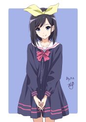 Rule 34 | 1girl, aqua eyes, black hair, bow, closed mouth, collarbone, dated, dress, eyebrows, hair bow, highres, long sleeves, medium hair, nii manabu, original, outside border, own hands together, pink bow, pink neckwear, sailor collar, school uniform, serafuku, signature, simple background, smile, solo, split mouth, white sailor collar, yellow bow
